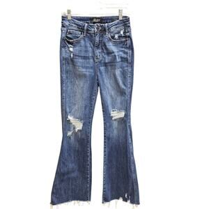 Judy Blue High Rise Fray Hem Flare Jeans in Dark Wash Size 7/28